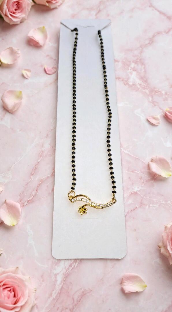 American Diamond Wave Mangalsutra with Flower Charm - Black Beaded Chain