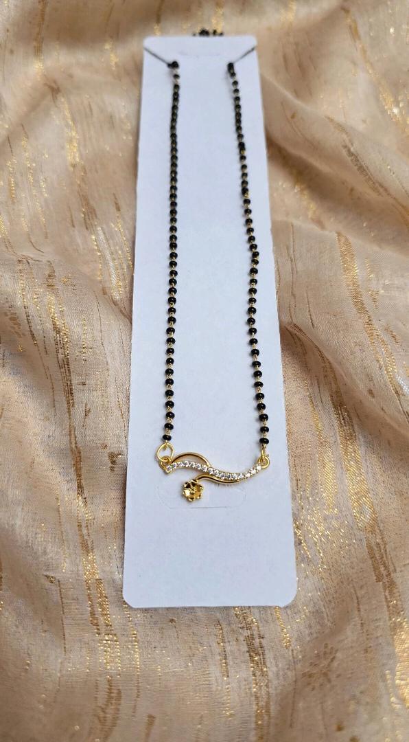 American Diamond Wave Mangalsutra with Flower Charm - Black Beaded Chain