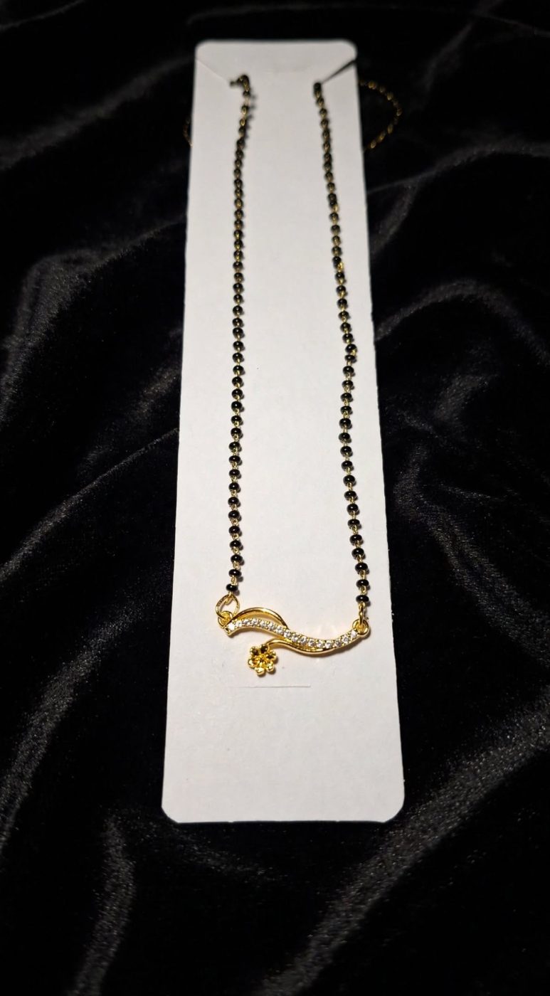 American Diamond Wave Mangalsutra with Flower Charm - Black Beaded Chain