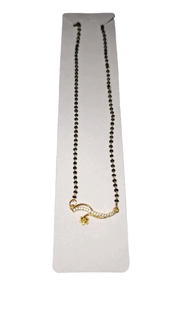 American Diamond Wave Mangalsutra with Flower Charm - Black Beaded Chain