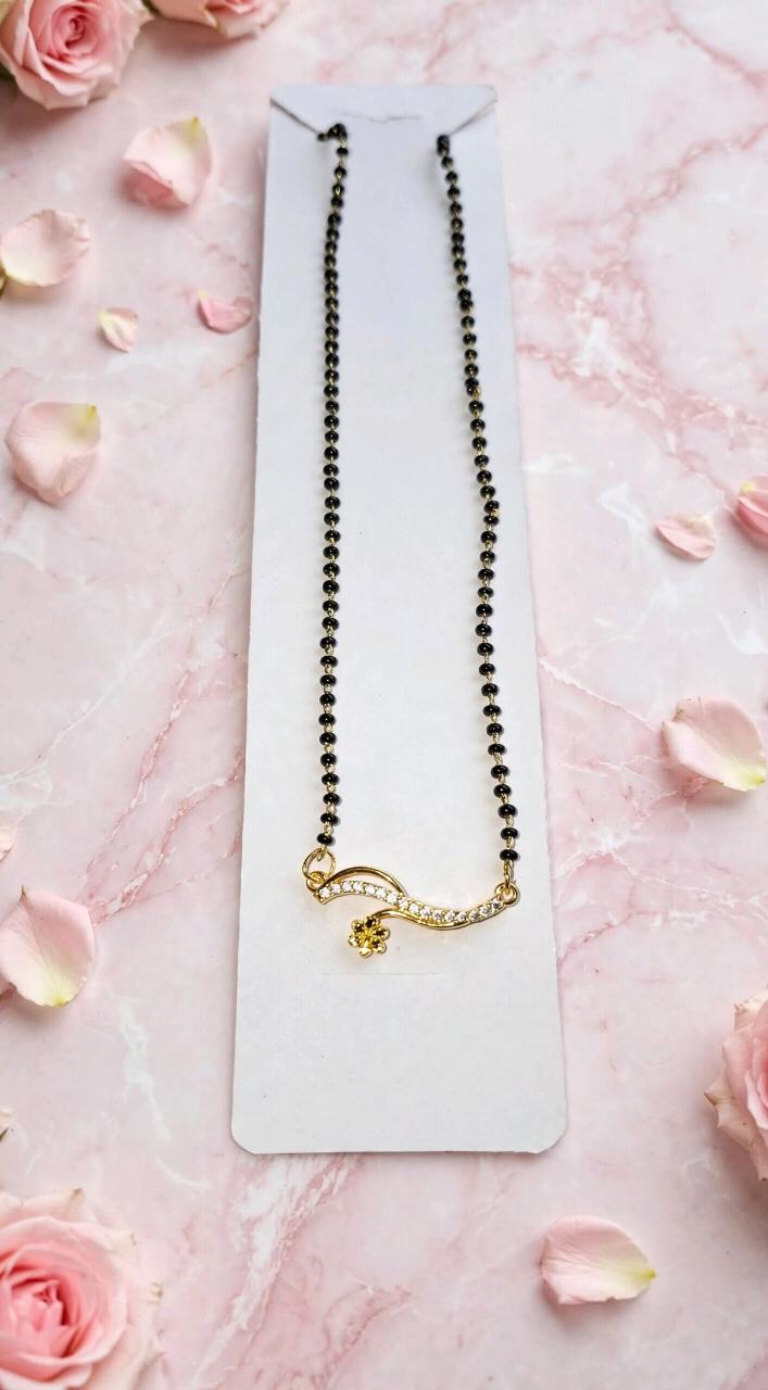 American Diamond Wave Mangalsutra with Flower Charm - Black Beaded Chain