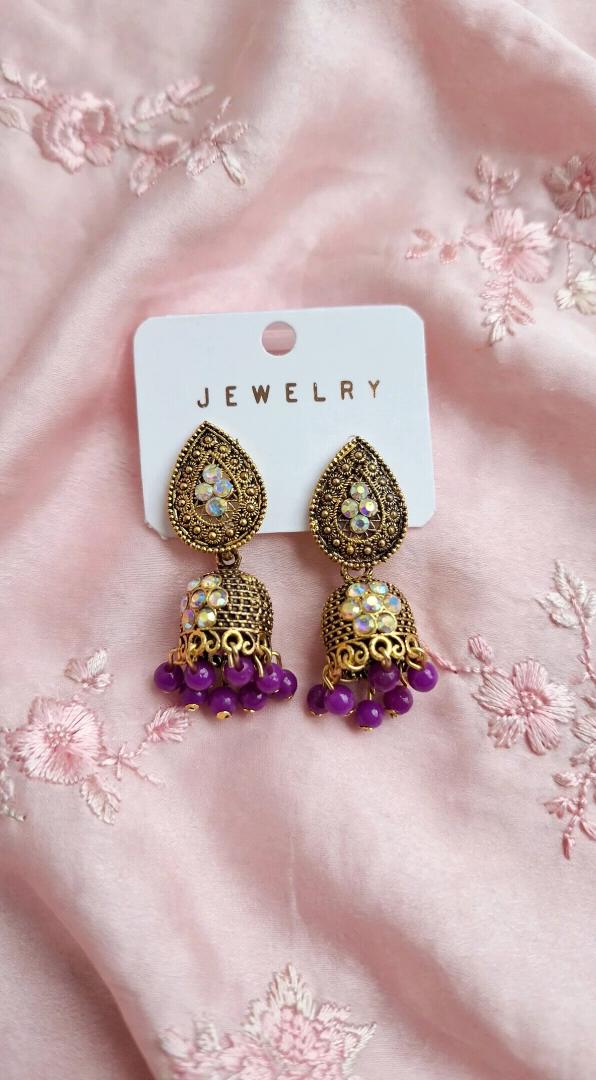 Antique Gold Purple Jhumka Earrings with AD Stones