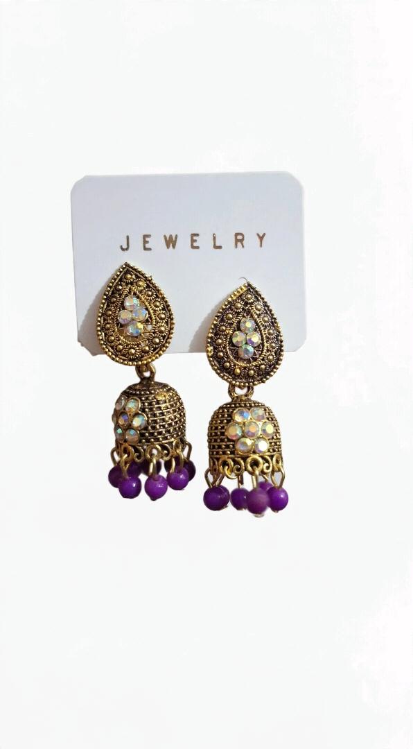 Antique Gold Purple Jhumka Earrings with AD Stones