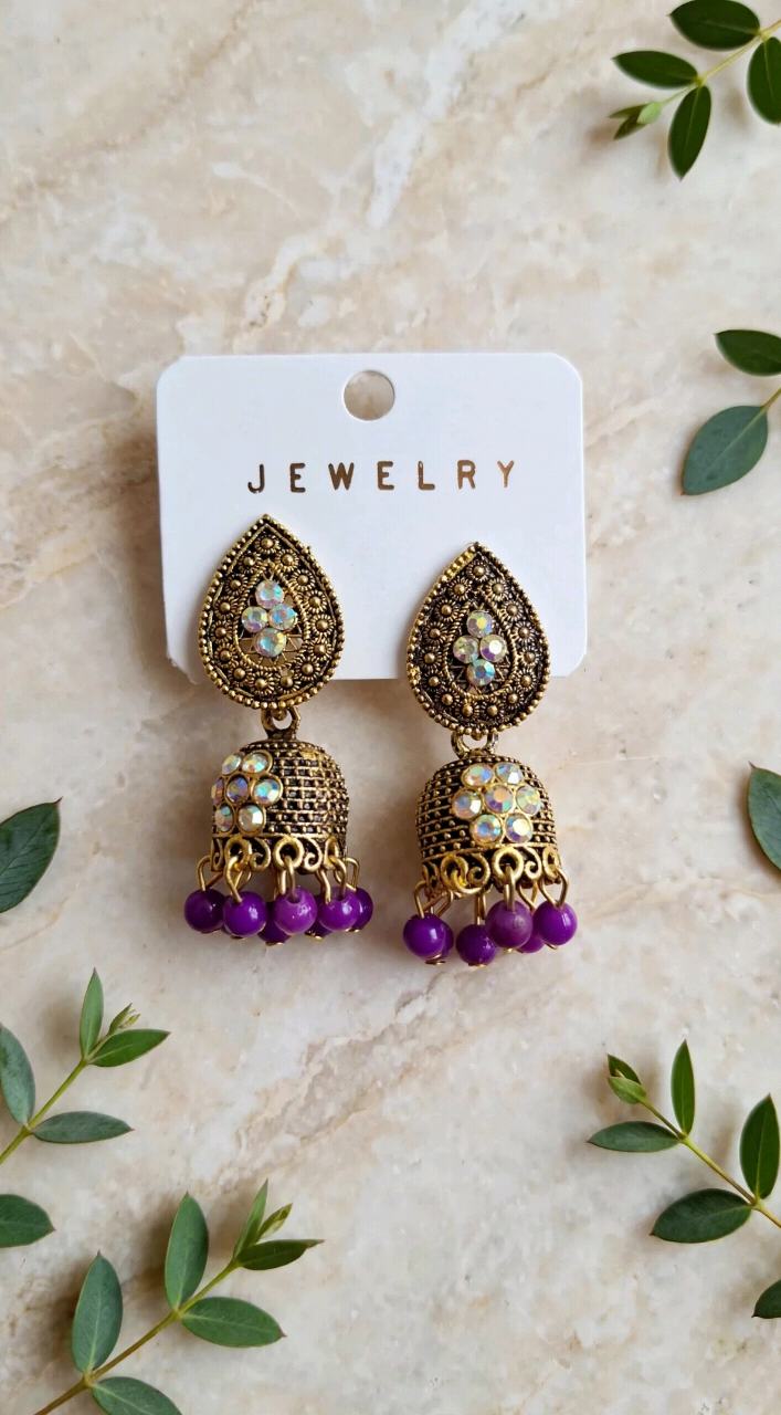 Antique Gold Purple Jhumka Earrings with AD Stones