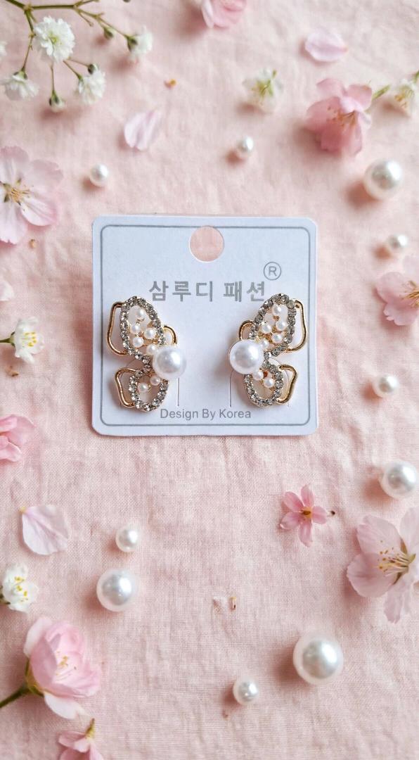 Butterfly Pearl Stud Earrings for Women & Girls - Gold Plated Crystal