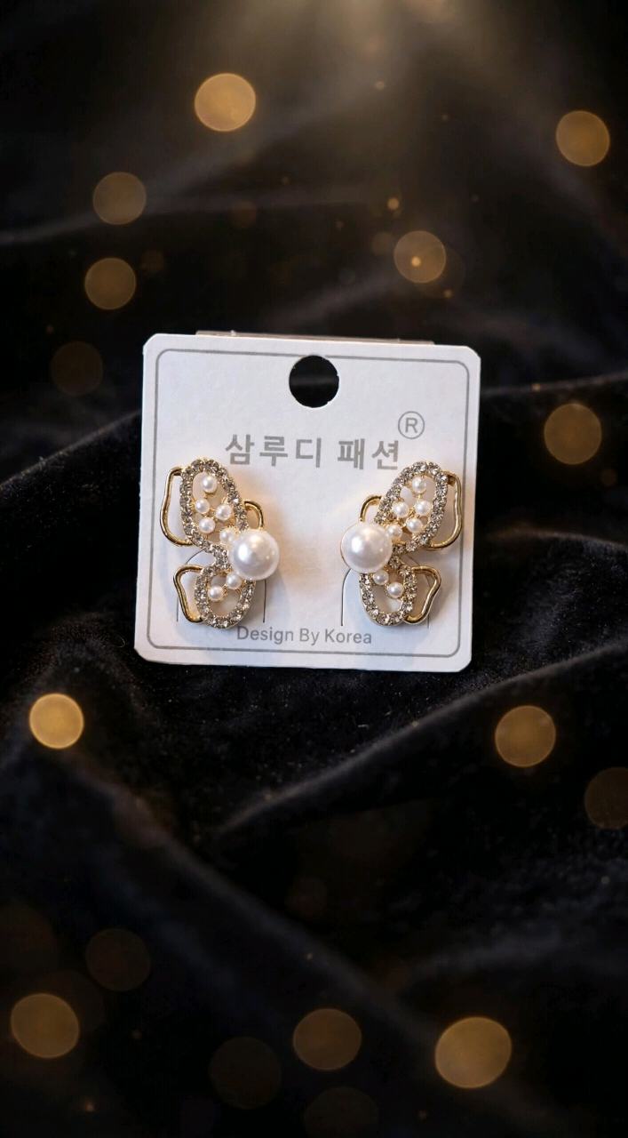 Butterfly Pearl Stud Earrings for Women & Girls - Gold Plated Crystal