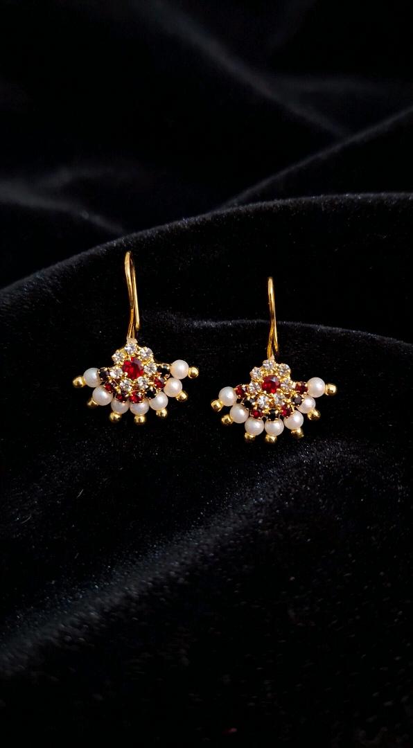 Elegant Gold-Plated Pearl & Ruby Studded Hook Earrings