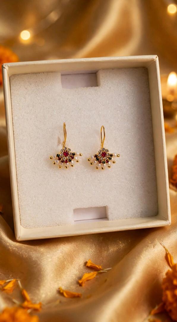 Elegant Gold-Plated Pearl & Ruby Studded Hook Earrings