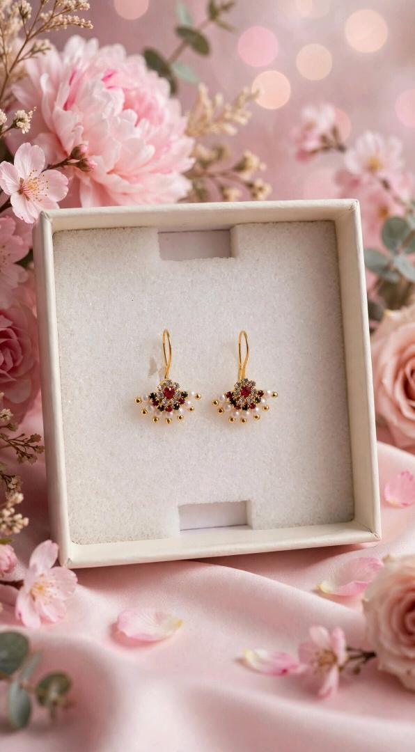 Elegant Gold-Plated Pearl & Ruby Studded Hook Earrings