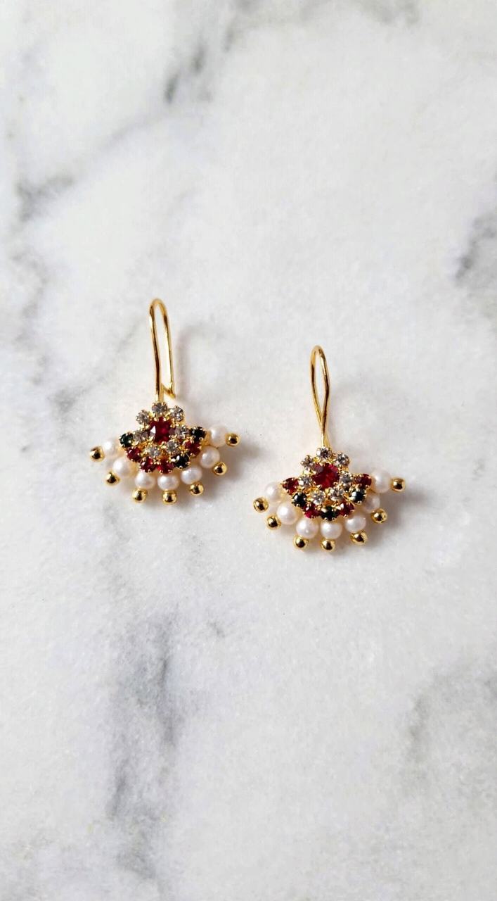 Elegant Gold-Plated Pearl & Ruby Studded Hook Earrings