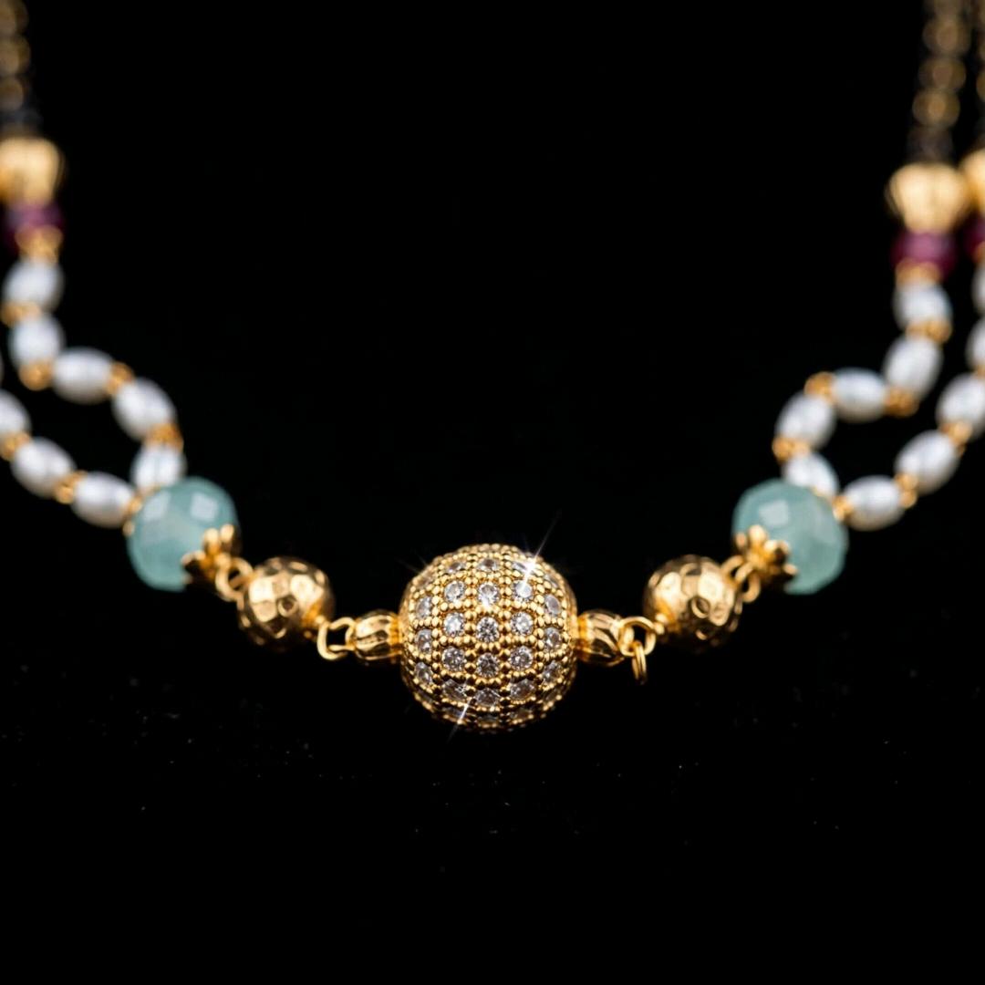 Fancy Mangalsutra - Gold-Plated Diamond Ball Pendant with Pearl & Aqua Beads | Black Bead Chain | Wedding / Daily Wear