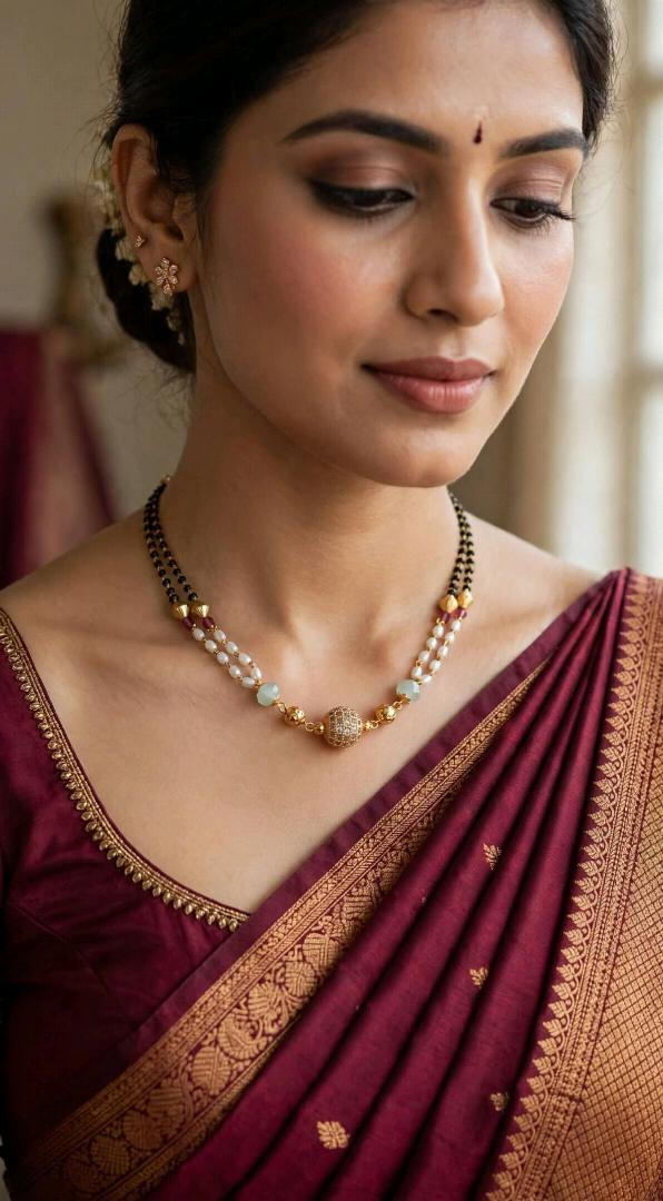Fancy Mangalsutra - Gold-Plated Diamond Ball Pendant with Pearl & Aqua Beads | Black Bead Chain | Wedding / Daily Wear