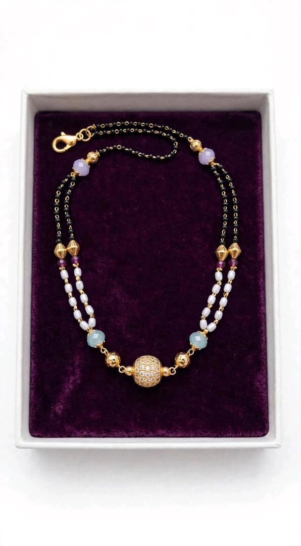 Fancy Mangalsutra - Gold-Plated Diamond Ball Pendant with Pearl & Aqua Beads | Black Bead Chain | Wedding / Daily Wear