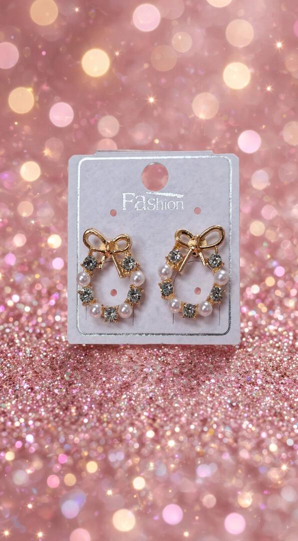Gold Bow Wreath Pearl & Crystal Stud Earrings