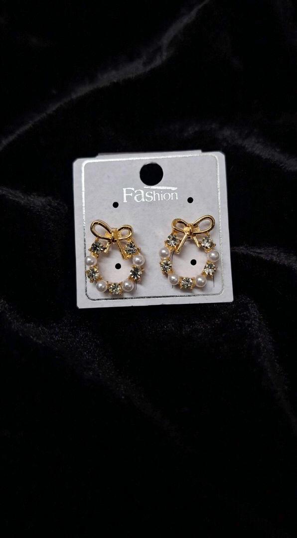 Gold Bow Wreath Pearl & Crystal Stud Earrings