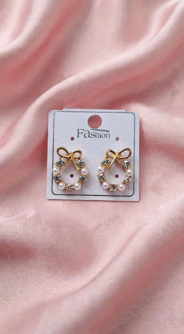 Gold Bow Wreath Pearl & Crystal Stud Earrings