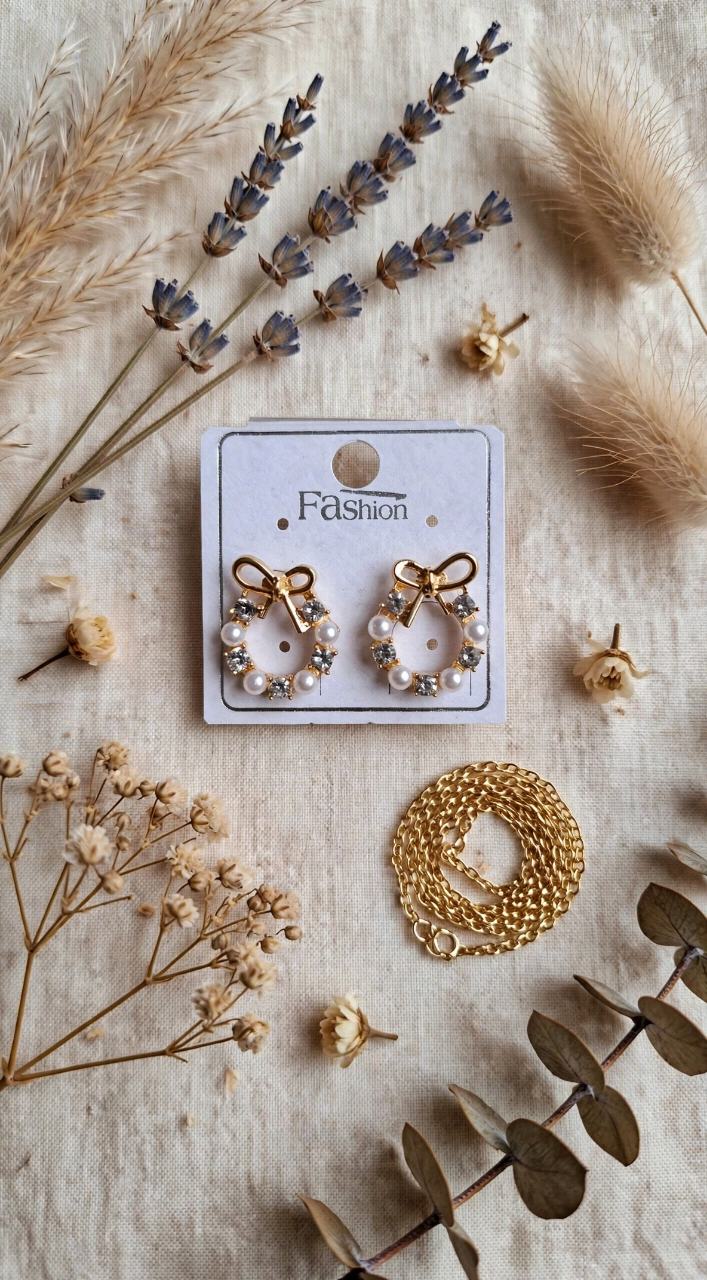 Gold Bow Wreath Pearl & Crystal Stud Earrings