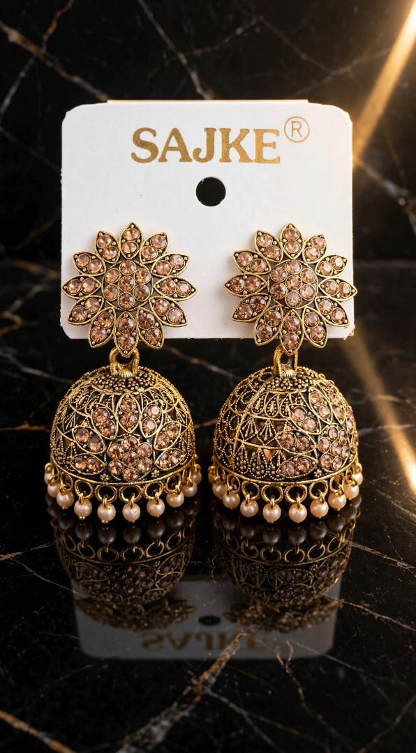 Gold Champagne Stone Floral Jhumka Earrings with Pearl Drops