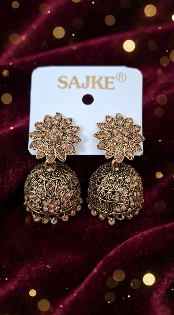 Gold Champagne Stone Floral Jhumka Earrings with Pearl Drops
