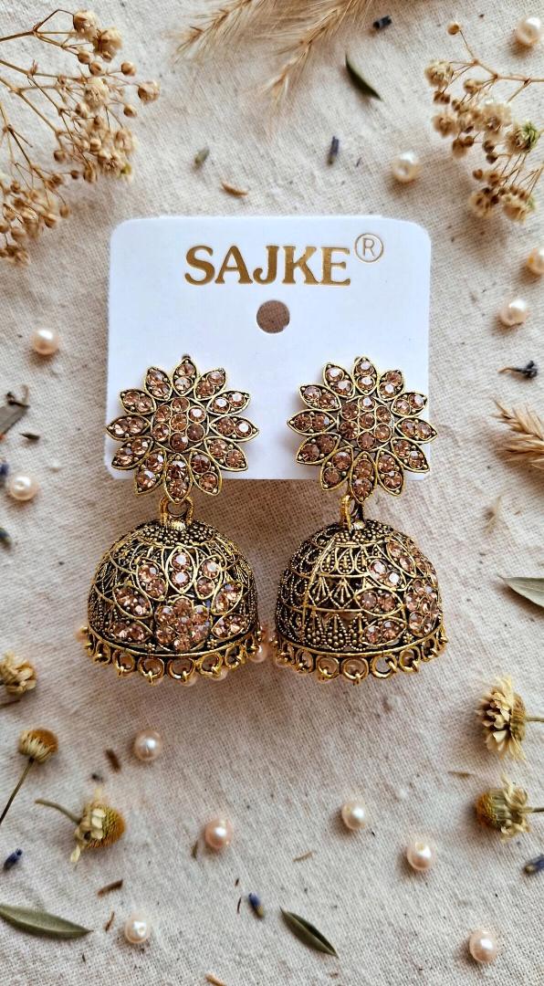 Gold Champagne Stone Floral Jhumka Earrings with Pearl Drops