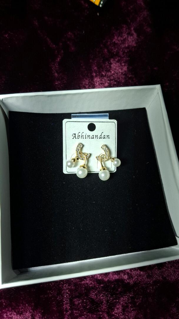 Gold Pearl Drop Earrings with AD Stone - Abhinandan