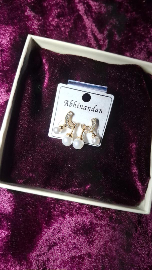 Gold Pearl Drop Earrings with AD Stone - Abhinandan