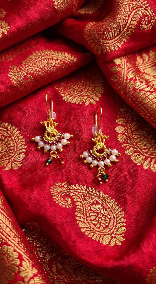 Gold Plated Peacock Pearl Earrings with Red-Green Drops