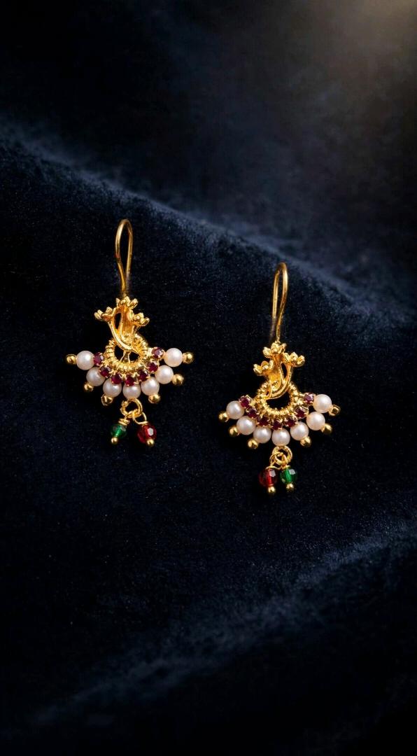 Gold Plated Peacock Pearl Earrings with Red-Green Drops