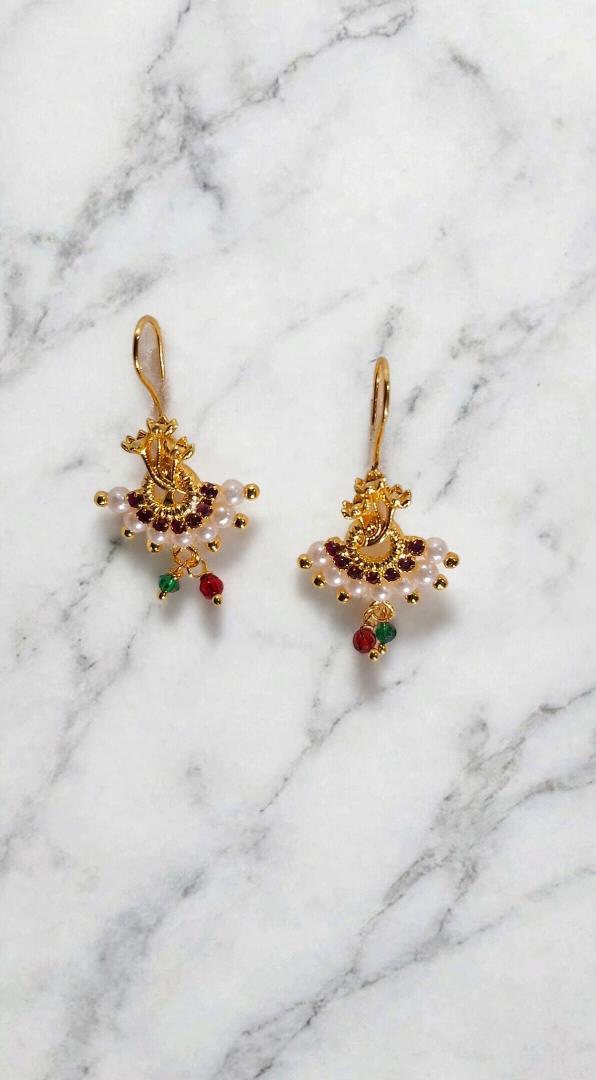 Gold Plated Peacock Pearl Earrings with Red-Green Drops