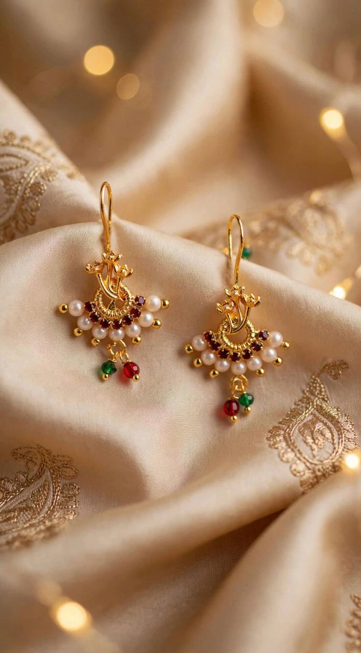 Gold Plated Peacock Pearl Earrings with Red-Green Drops