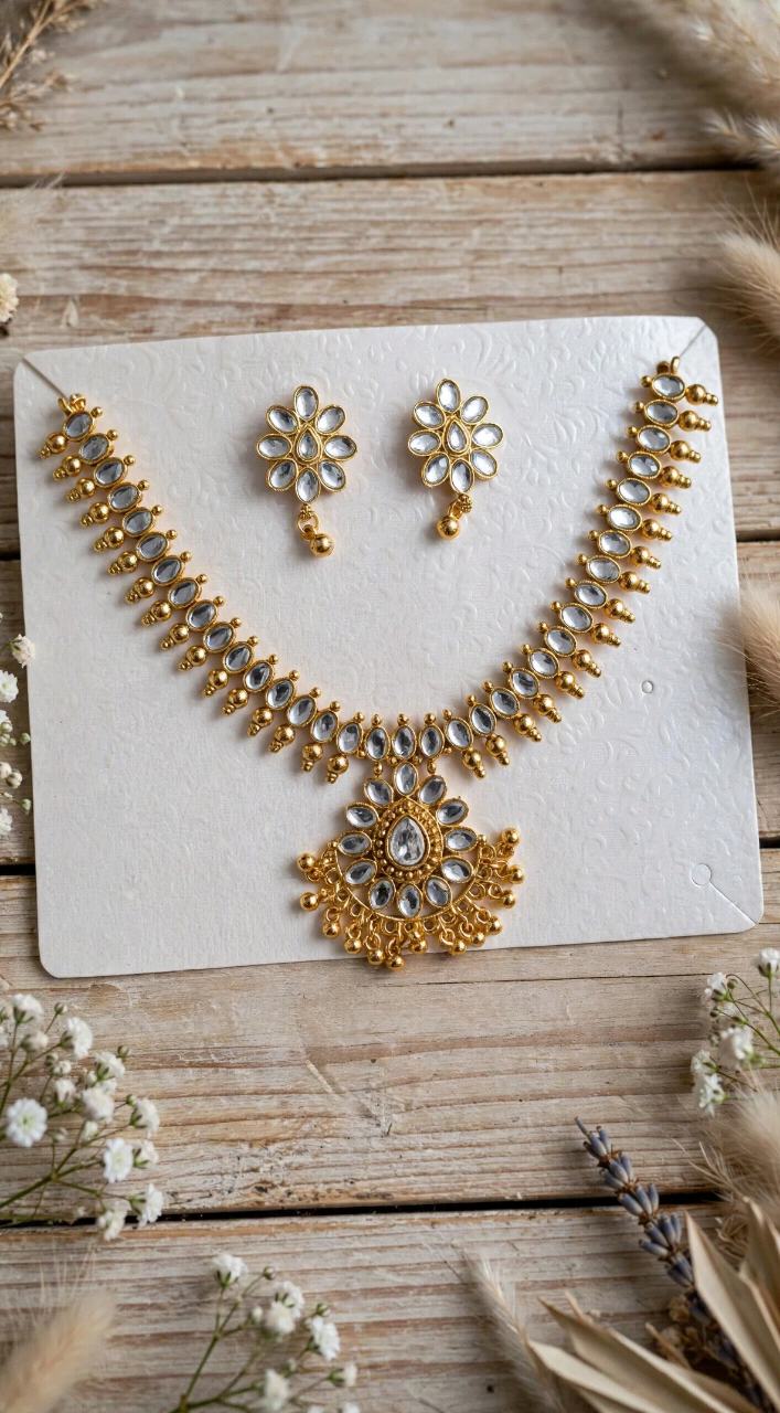 Gold Plated Traditional Kundan Choker Necklace Set with Earrings