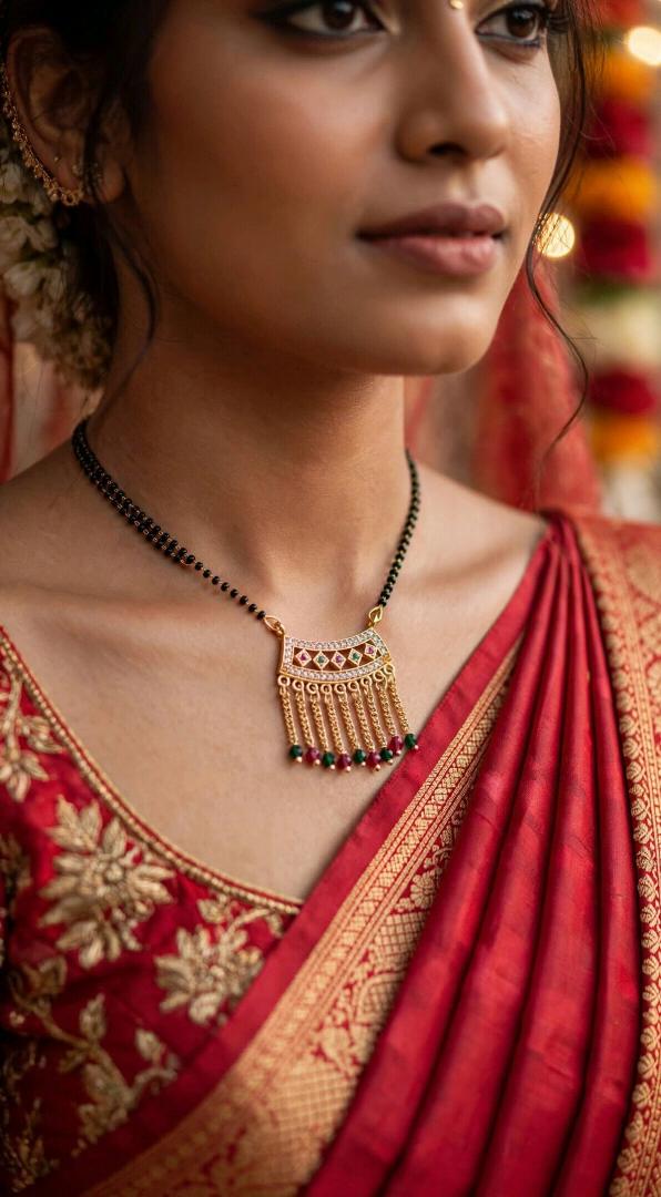 Gold-Plated Traditional Mangalsutra with CZ Diamond Pendant | Black Beads | Pink-Green Stone Tassels | Wedding Collection