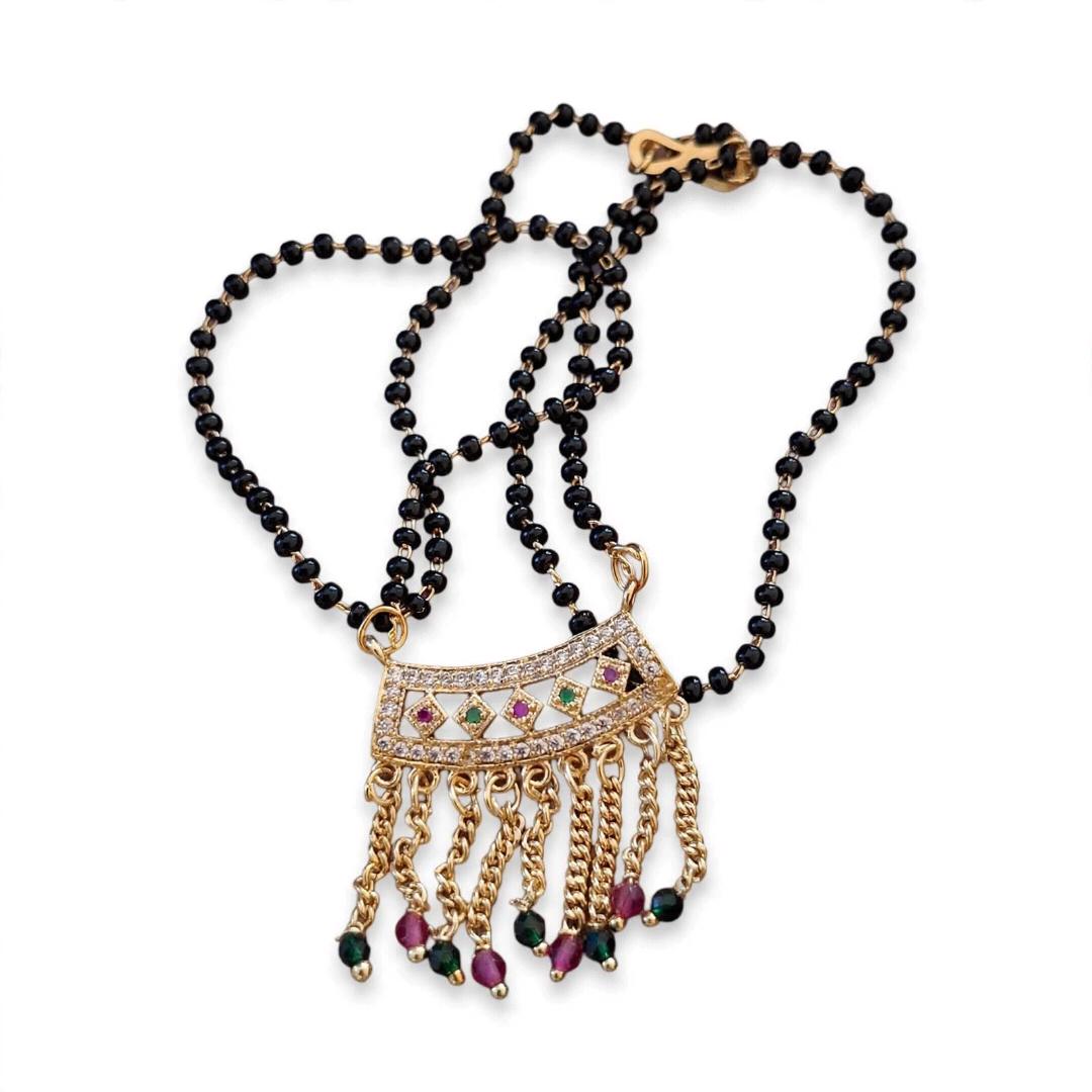 Gold-Plated Traditional Mangalsutra with CZ Diamond Pendant | Black Beads | Pink-Green Stone Tassels | Wedding Collection
