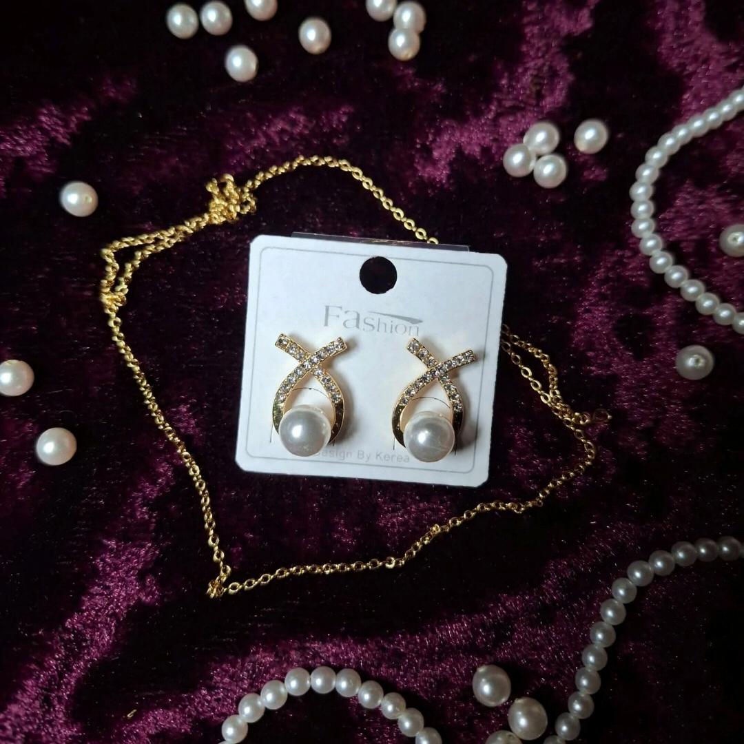 Gold X-Cross Pearl Stud Earrings with Crystals