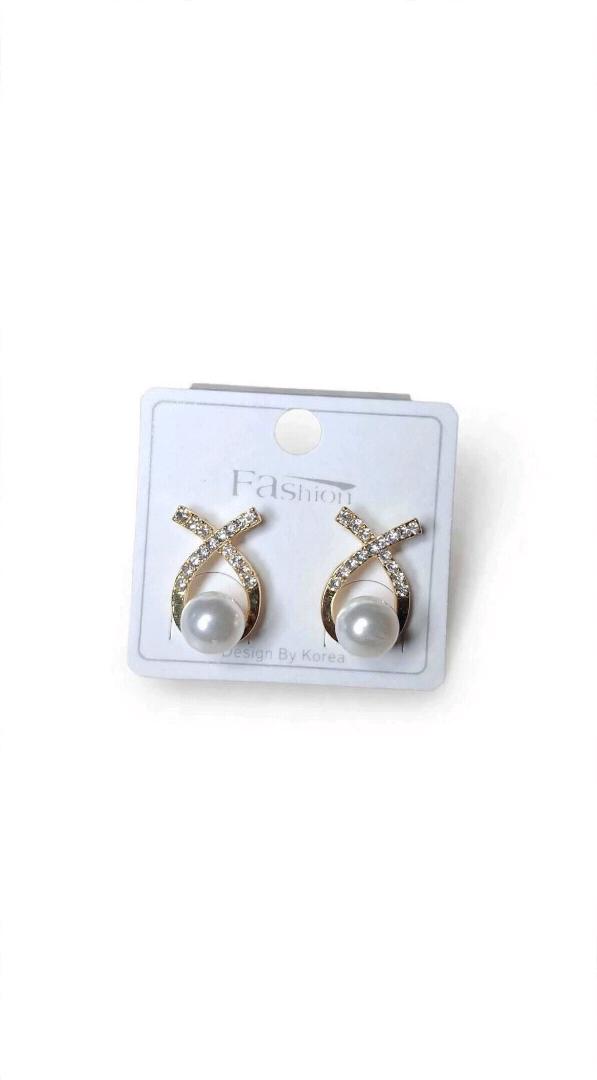 Gold X-Cross Pearl Stud Earrings with Crystals