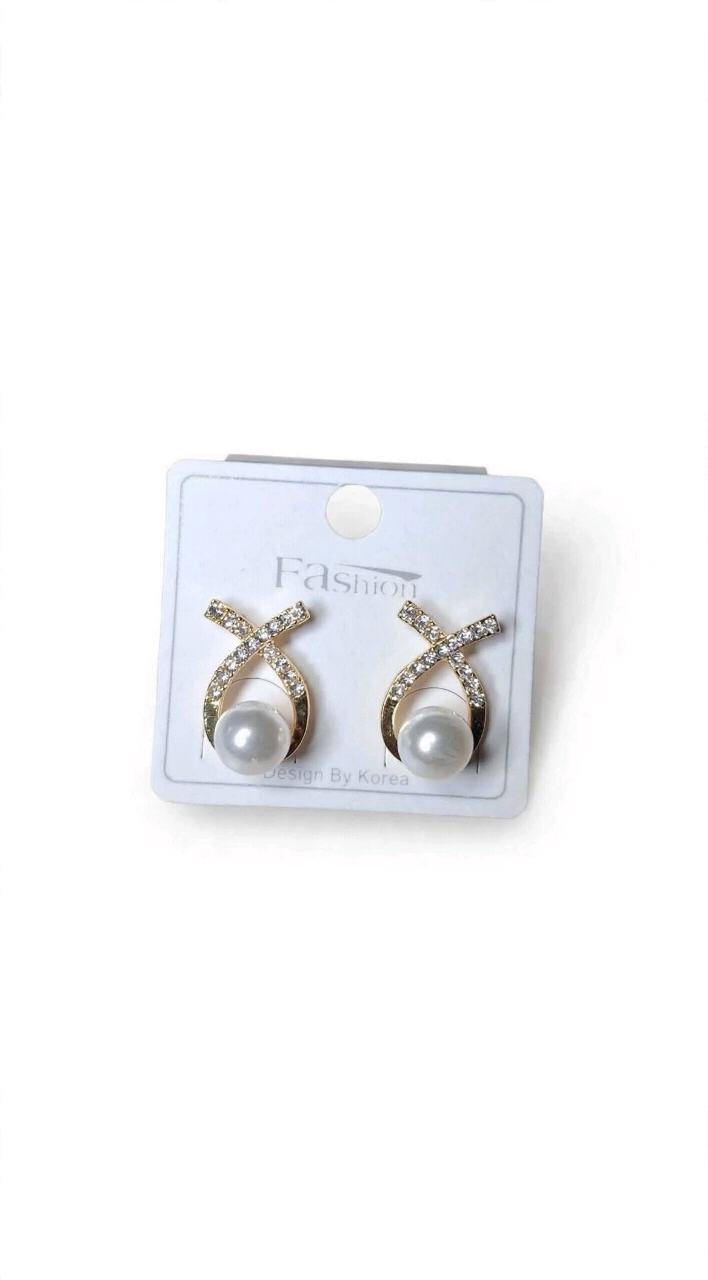 Gold X-Cross Pearl Stud Earrings with Crystals