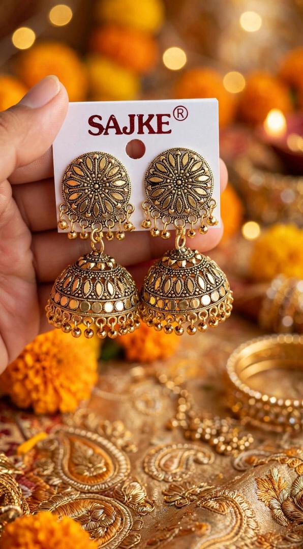 Golden Oxidised Jhumka Earrings