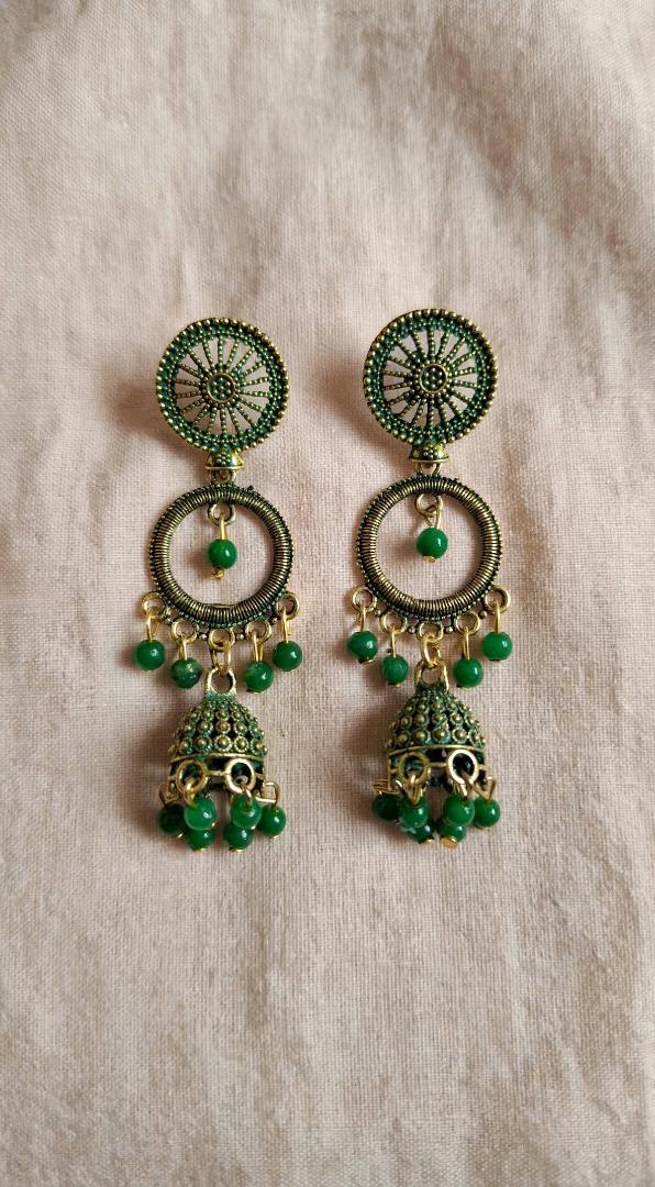 Green Antique Gold Oxidized Long Jhumka
