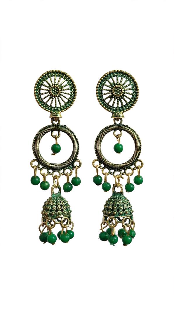 Green Antique Gold Oxidized Long Jhumka