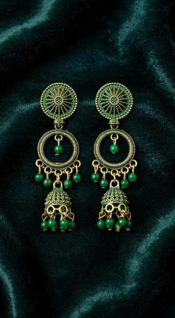 Green Antique Gold Oxidized Long Jhumka