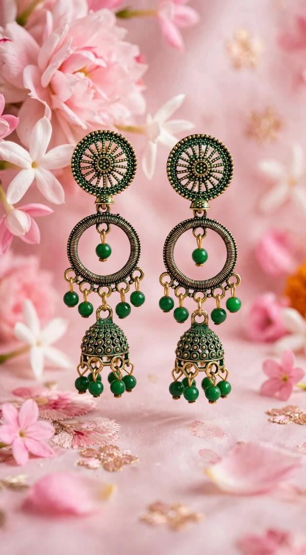 Green Antique Gold Oxidized Long Jhumka