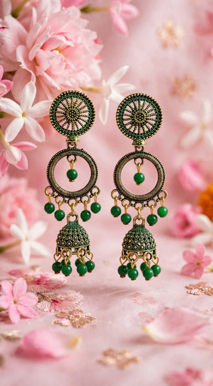 Green Antique Gold Oxidized Long Jhumka