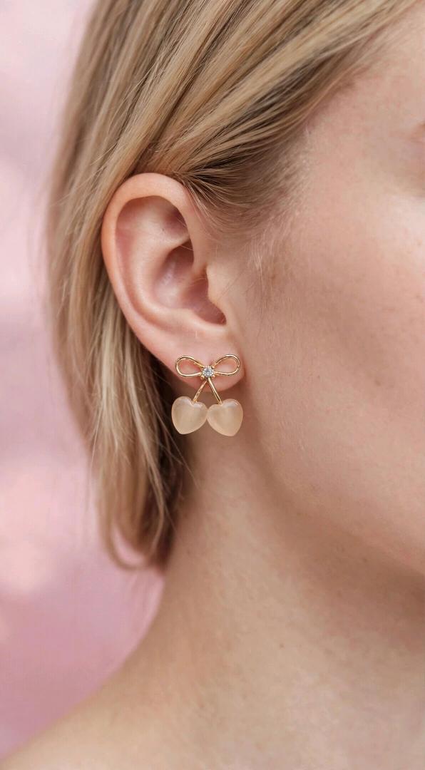 Korean Bow Heart Cherry Earrings - Peach Cute Drop Studs
