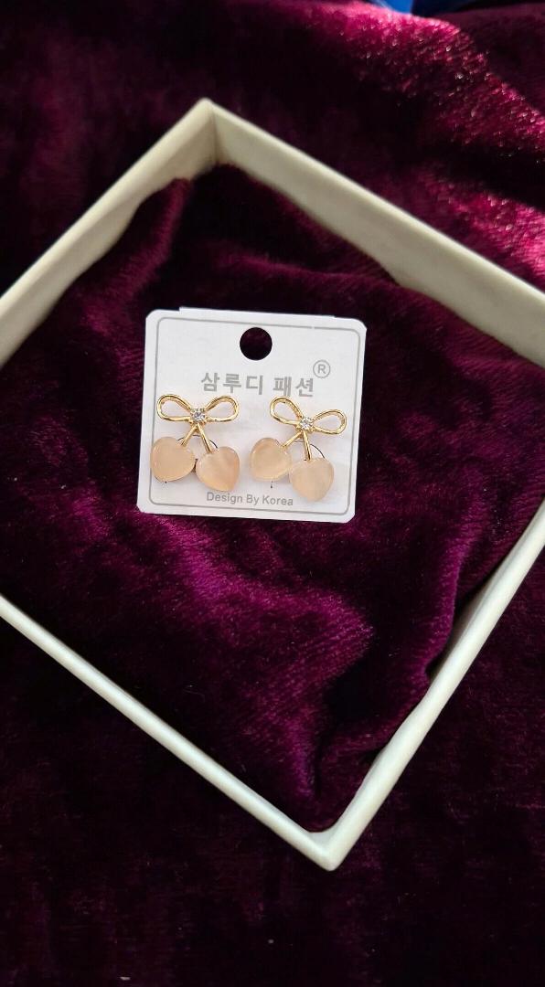 Korean Bow Heart Cherry Earrings - Peach Cute Drop Studs