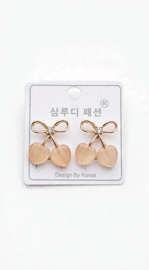 Korean Bow Heart Cherry Earrings - Peach Cute Drop Studs