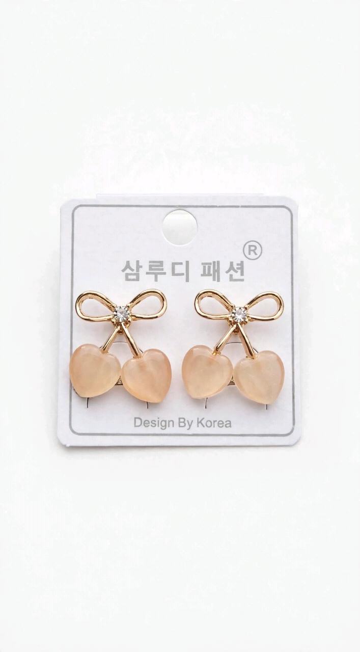 Korean Bow Heart Cherry Earrings - Peach Cute Drop Studs