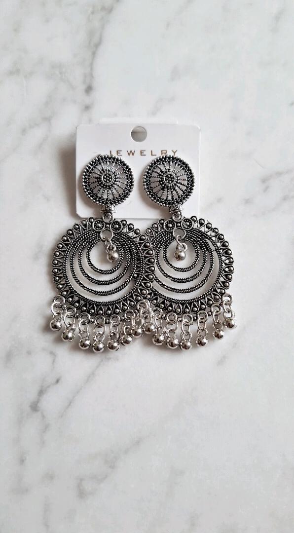 Oxidized Silver Afghani Chandbali Jhumka Earrings with Ghungroo
