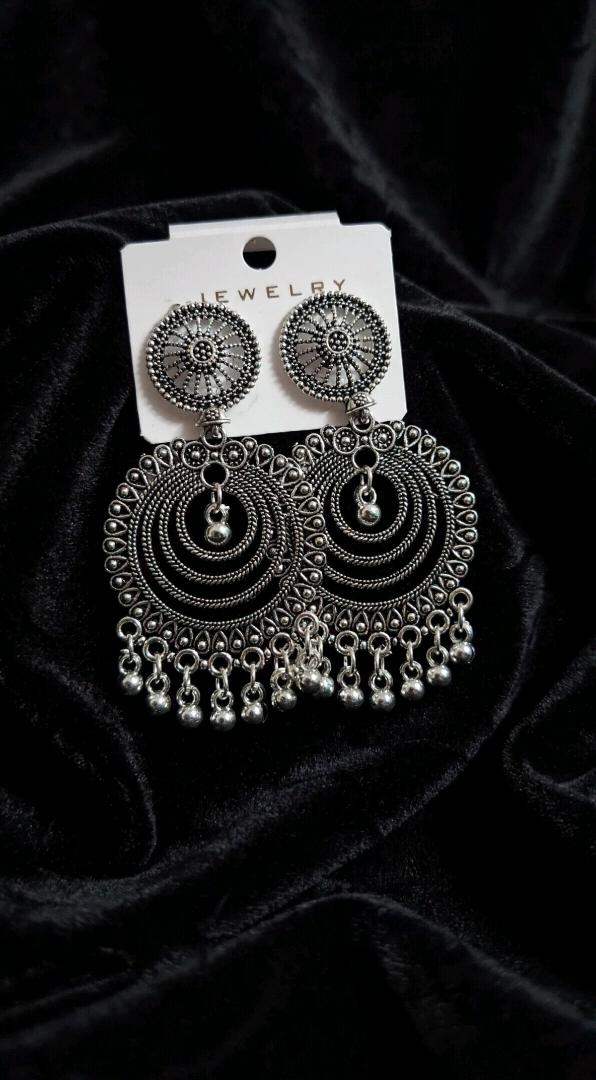 Oxidized Silver Afghani Chandbali Jhumka Earrings with Ghungroo