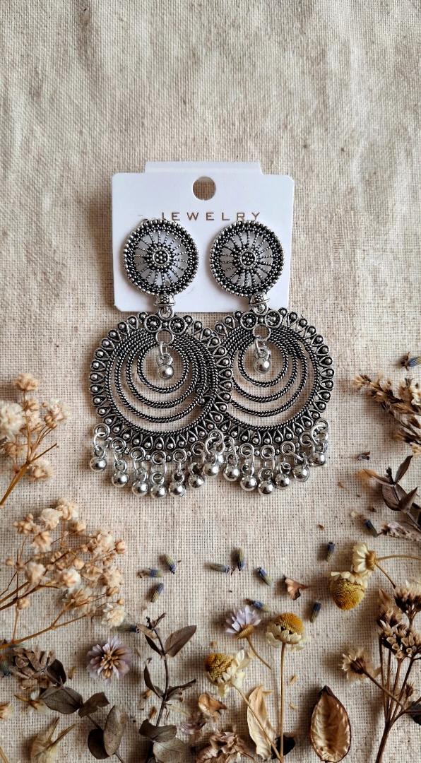 Oxidized Silver Afghani Chandbali Jhumka Earrings with Ghungroo