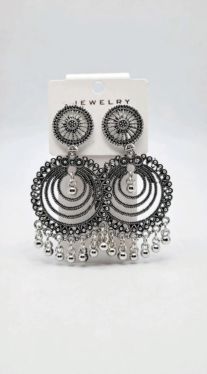 Oxidized Silver Afghani Chandbali Jhumka Earrings with Ghungroo